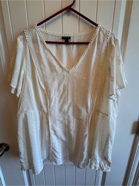 torrid Ivory V-Neck Pom Trim Embroidered Blouse
